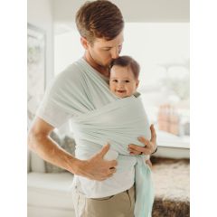 Boba Baby Wrap Pale Blue used by father to carry baby