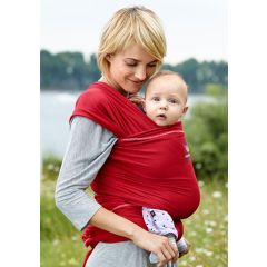 Manduca Sling Baby Wrap in Red used by a mother with baby