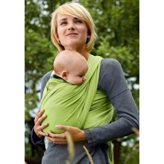 Manduca Sling Organic Cotton Baby Wrap in Lime used by a lady with baby