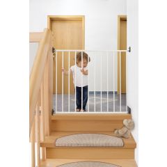 Reer S-Gate Wall Mounted Metal Safety Gate with simple locking mechanism used at the top of stairs to keep toddlers from accessing stairs