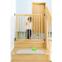 Reer S-Gate Wall Mounted Wooden Safety Gate with Simple Lock used at the top of stairs to keep toddler safe