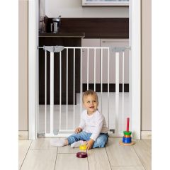 Reer I-Gate Pressure Mounted Metal Baby Safety Gate used at a doorway to kitchen keeps toddler safe