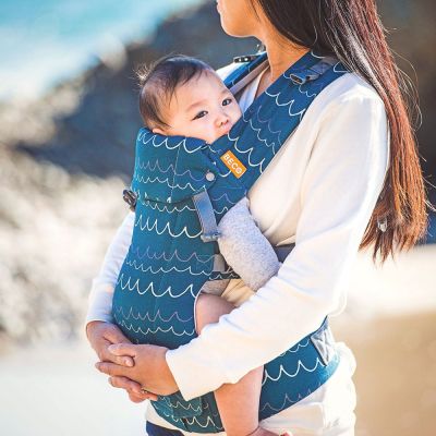Beco Gemini Baby Carrier Ahoy used by mother to front carry her child