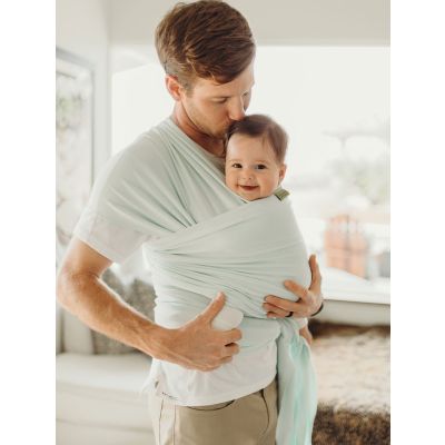 Boba Baby Wrap Pale Blue used by father to carry baby