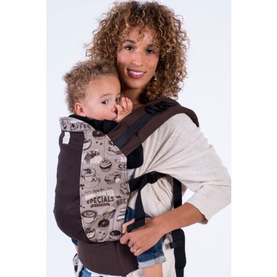 Kinderpack Carrier Coffee Talk with Koolnit used by to frontcarry toddler