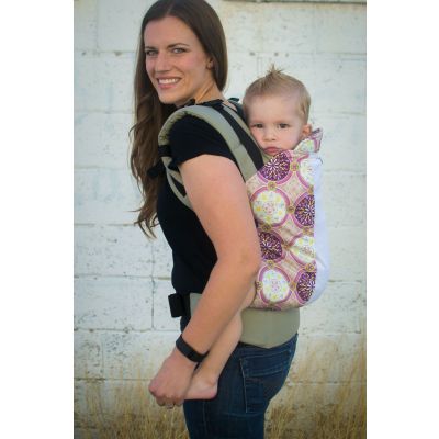 Kinderpack Carrier Plum Medallion with Koolnit used by mother to backcarry son