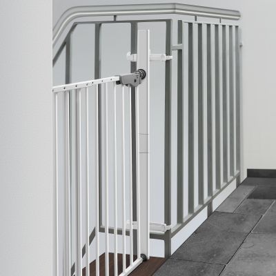 Reer StairFlex Safety Gate Adapter Kit for Railings (46906) used with a wall mounted s-gate at the top of stairs