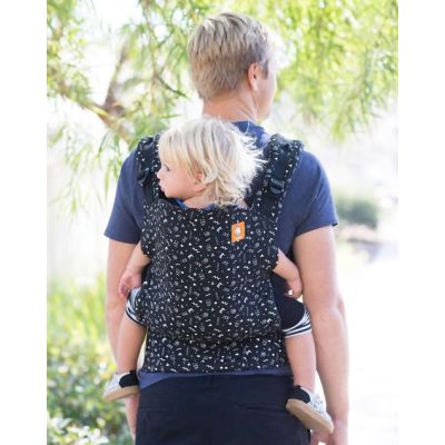 Father backcarry his toddler in a Tula Celebrate Toddler Carrie