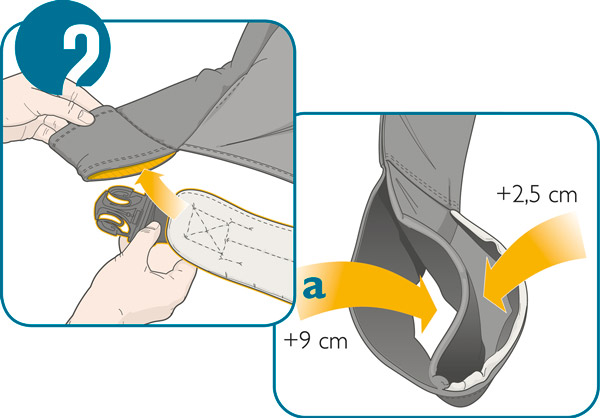 Usage step 2: Choose the correct slot to slot in the belt to extend the manduca seat by 5cm or 18cm