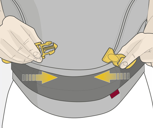 Usage step 2: Pull the straps to buckle up infront of your carrier close to the hip belt.